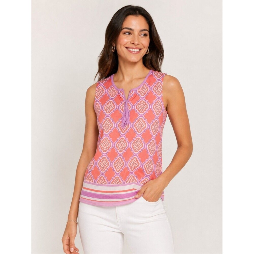 Cabana Life Coral Geo 1/4 Zip Sleeveless Sport Blouse Tank Top, M